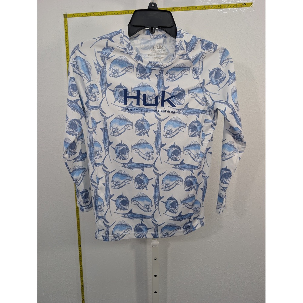 Huk Performance Fishing Shirt Kids Youth Medium YM Blue White Mahi Mahi Fish LS